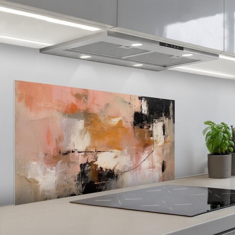 KitchenYeah Spatscherm 100x50 cm Zelfklevende achterwand Kunst Abstract Beige Verf Keuken muurbeschermer Spatwand fornuis