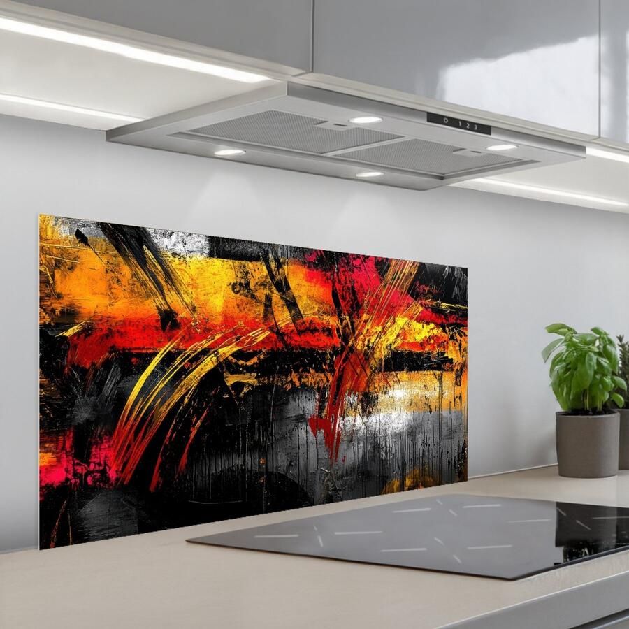 KitchenYeah Spatscherm 100x50 cm Zelfklevende achterwand Kunst Zwart Abstract Keuken muurbeschermer Spatwand fornuis - Foto 1