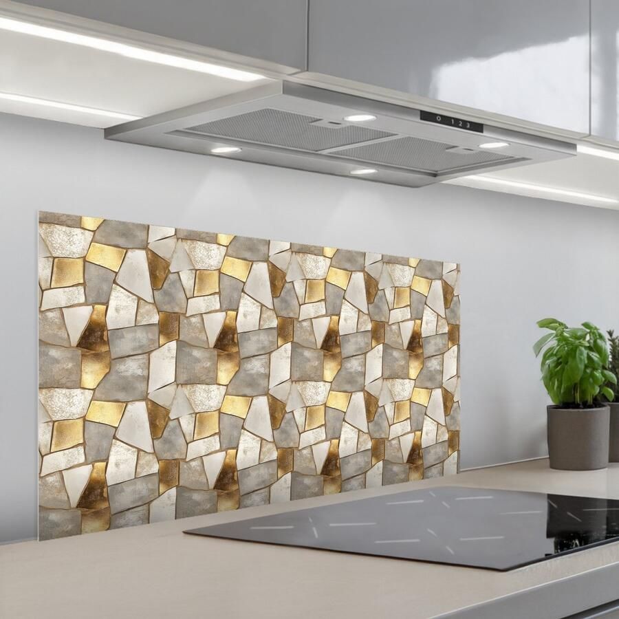 KitchenYeah Spatscherm 100x50 cm Zelfklevende achterwand Mozaïek Marmer print Goud Keuken muurbeschermer Spatwand fornuis