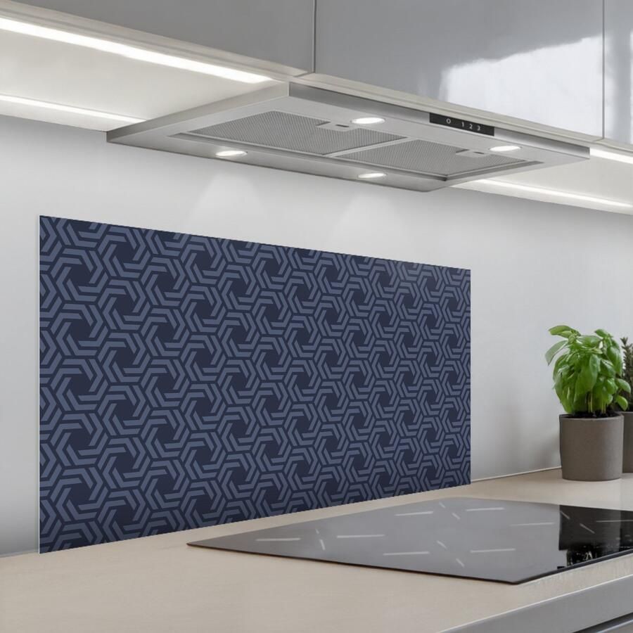 KitchenYeah Spatscherm 100x50 cm Zelfklevende achterwand Patroon Blauw Geometrisch Keuken muurbeschermer Spatwand fornuis