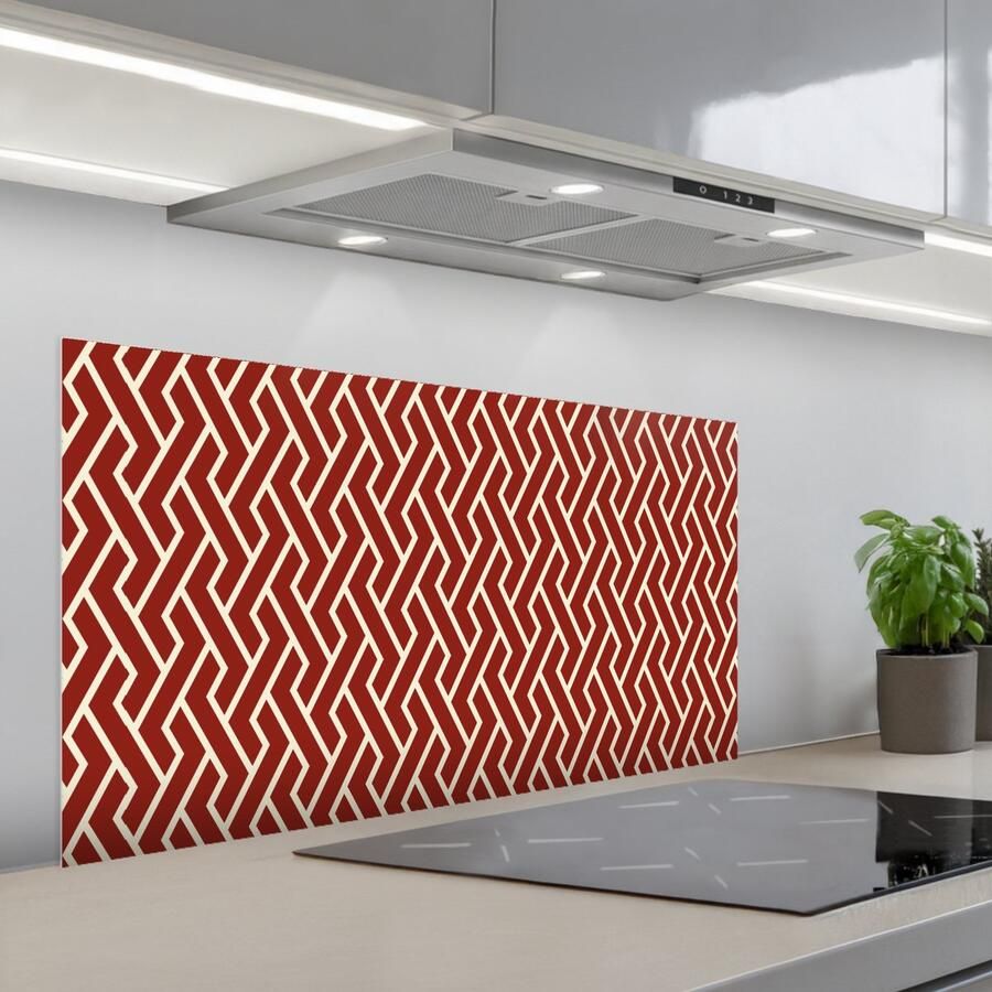 KitchenYeah Spatscherm 100x50 cm Zelfklevende achterwand Rood Beige Patroon Lijnen Keuken muurbeschermer Spatwand fornuis