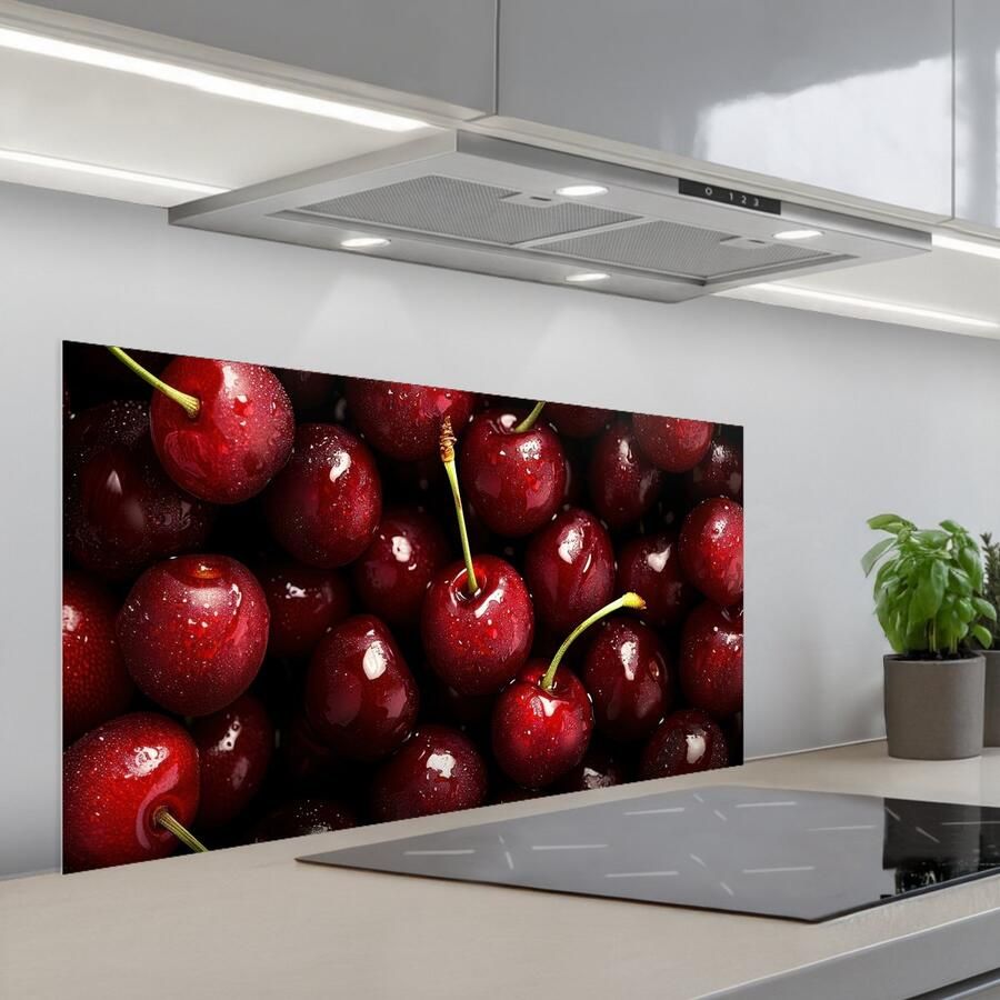 KitchenYeah Spatscherm 100x50 cm Zelfklevende achterwand Rood Fruit Kersen Keuken muurbeschermer Spatwand fornuis