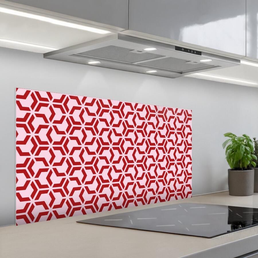 KitchenYeah Spatscherm 100x50 cm Zelfklevende achterwand Roze Rood Geometrisch Patroon Keuken muurbeschermer Spatwand fornuis