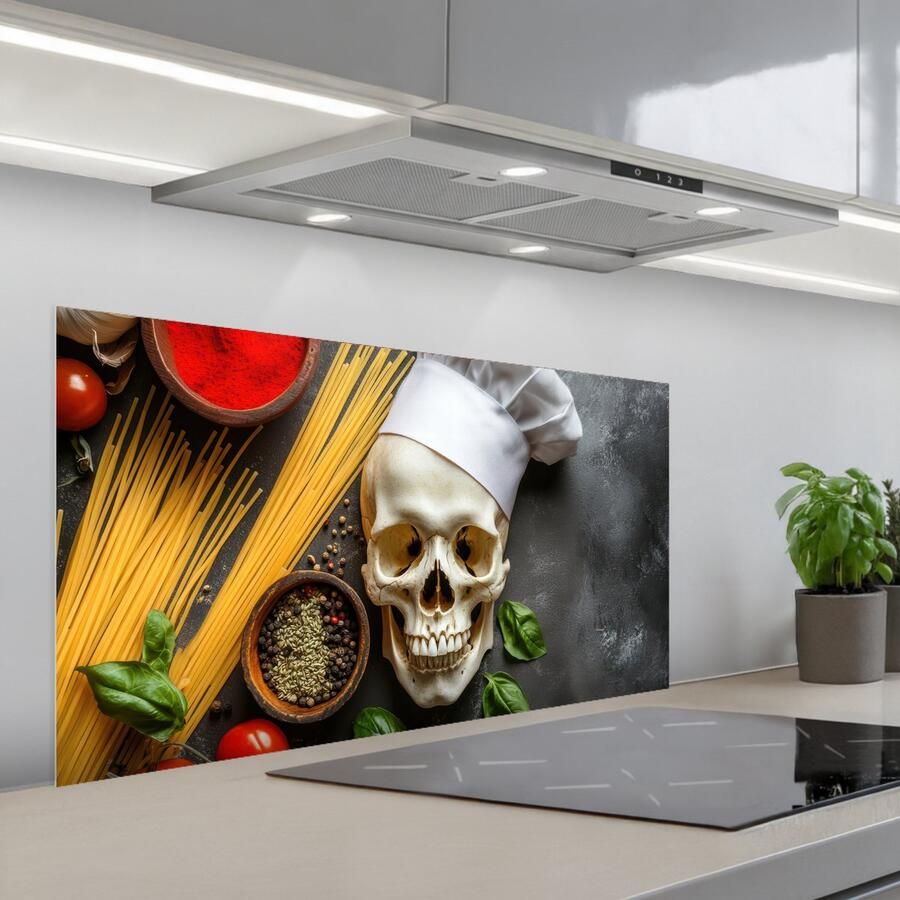 KitchenYeah Spatscherm 100x50 cm Zelfklevende achterwand Skelet Kruiden Eten Schedel Kok Keuken muurbeschermer Spatwand fornuis