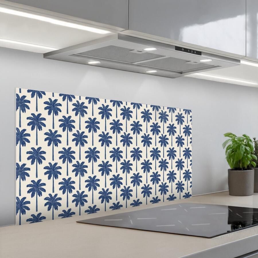 KitchenYeah Spatscherm 100x50 cm Zelfklevende achterwand Symmetrisch Palm Blauw Keuken muurbeschermer Spatwand fornuis