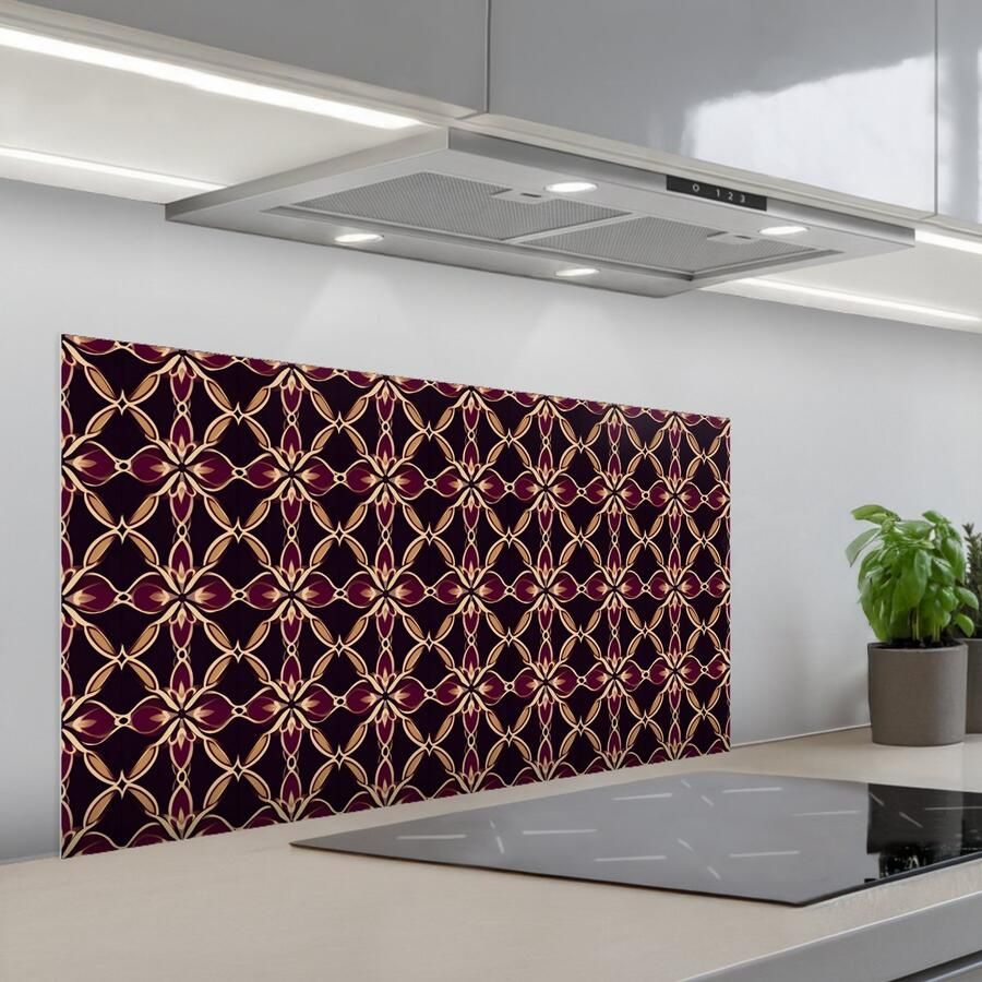 KitchenYeah Spatscherm 100x50 cm Zelfklevende achterwand Symmetrisch Tegel Burgundy Keuken muurbeschermer Spatwand fornuis