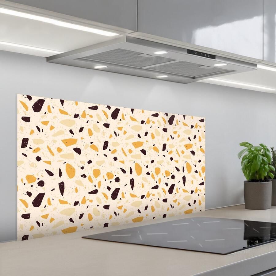 KitchenYeah Spatscherm 100x50 cm Zelfklevende achterwand Terrazzo Patroon Geel Keuken muurbeschermer Spatwand fornuis