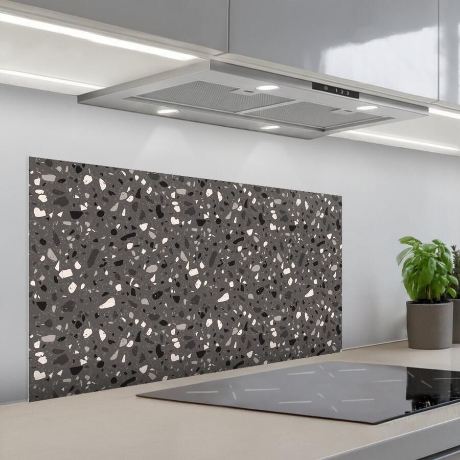 KitchenYeah Spatscherm 100x50 cm Zelfklevende achterwand Terrazzo Patroon Grijs Keuken muurbeschermer Spatwand fornuis