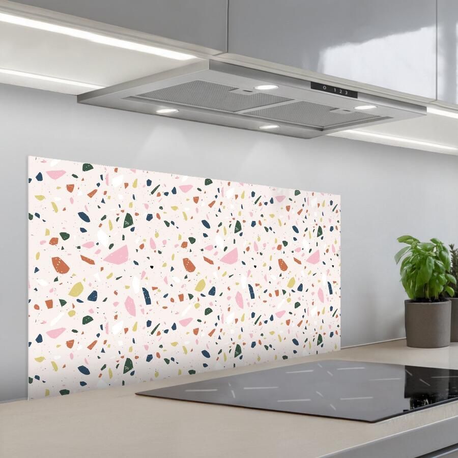 KitchenYeah Spatscherm 100x50 cm Zelfklevende achterwand Terrazzo Patroon Kleurrijk Keuken muurbeschermer Spatwand fornuis