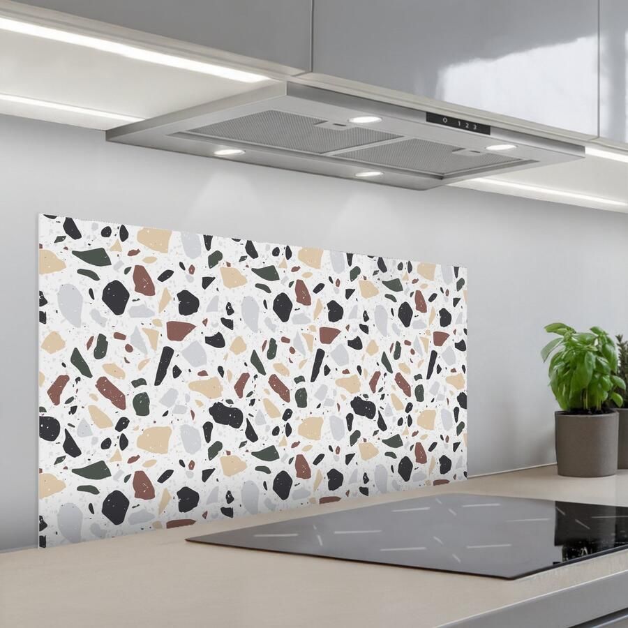 KitchenYeah Spatscherm 100x50 cm Zelfklevende achterwand Terrazzo Patroon Kleurrijk Klei Keuken muurbeschermer Spatwand fornuis
