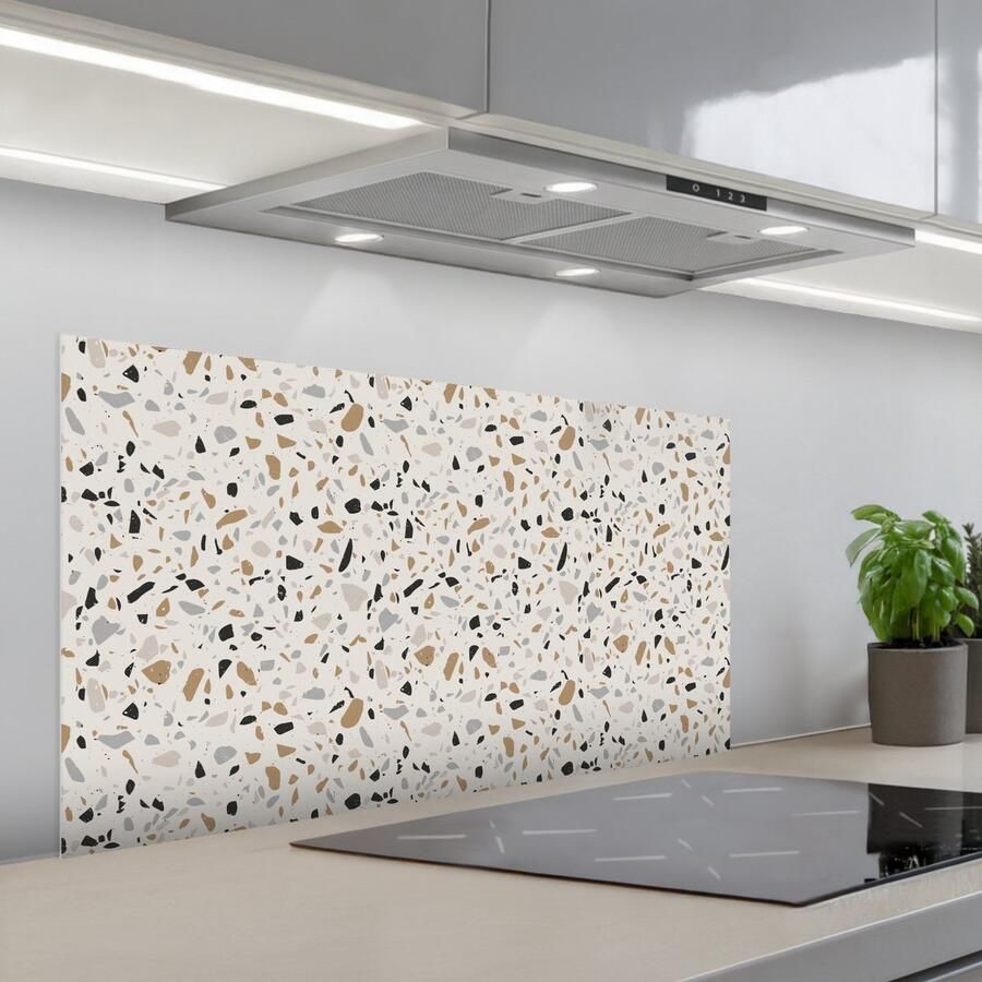 KitchenYeah Spatscherm 100x50 cm Zelfklevende achterwand Terrazzo Patroon Staal Keuken muurbeschermer Spatwand fornuis