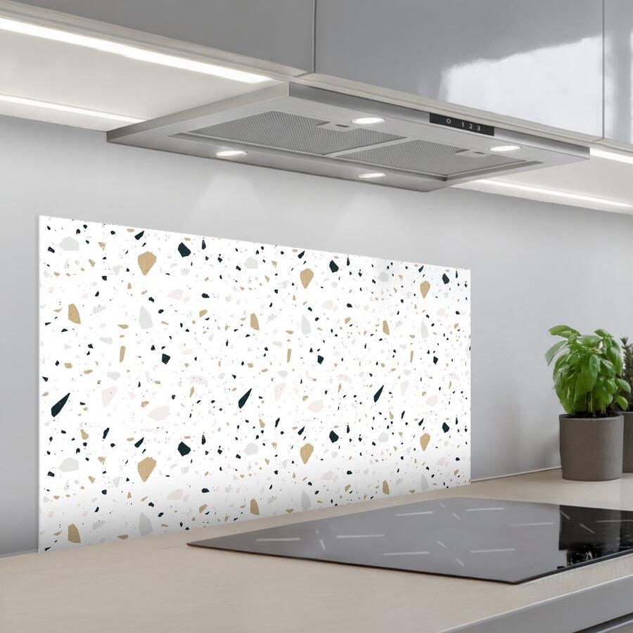 KitchenYeah Spatscherm 100x50 cm Zelfklevende achterwand Terrazzo Patroon Wit Neutraal Keuken muurbeschermer Spatwand fornuis