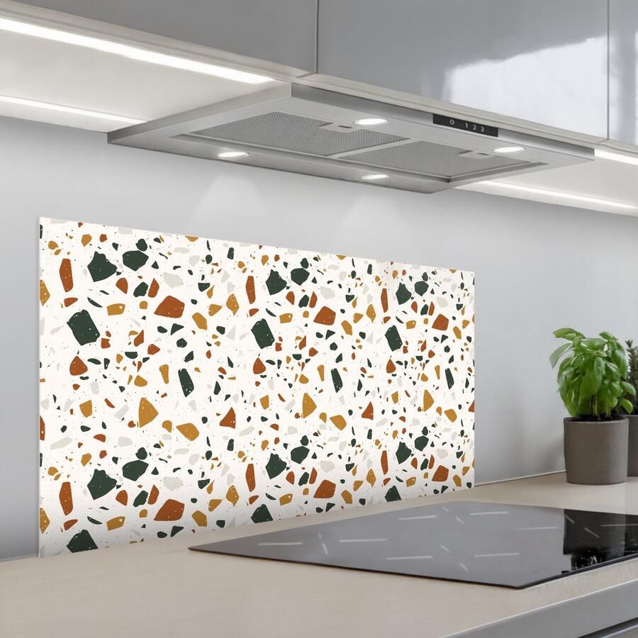 KitchenYeah Spatscherm 100x50 cm Zelfklevende achterwand Terrazzo Patroon Wit Terra Keuken muurbeschermer Spatwand fornuis