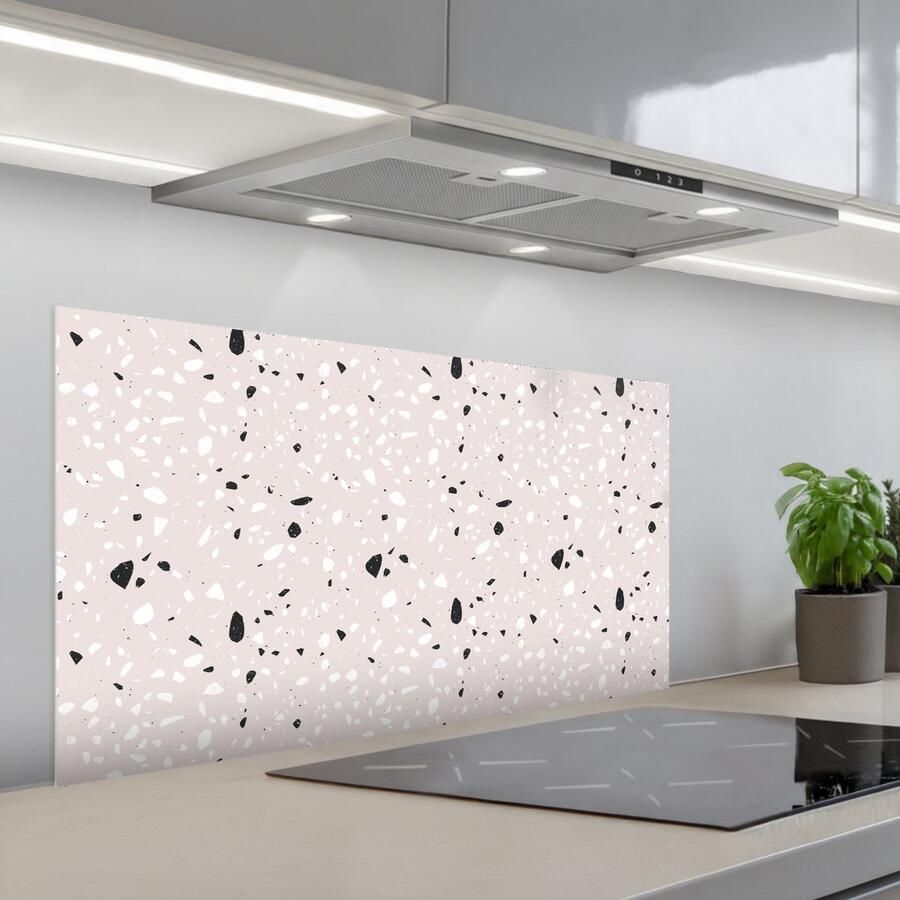 KitchenYeah Spatscherm 100x50 cm Zelfklevende achterwand Terrazzo Patroon Zacht Zwart Wit Keuken muurbeschermer Spatwand fornuis