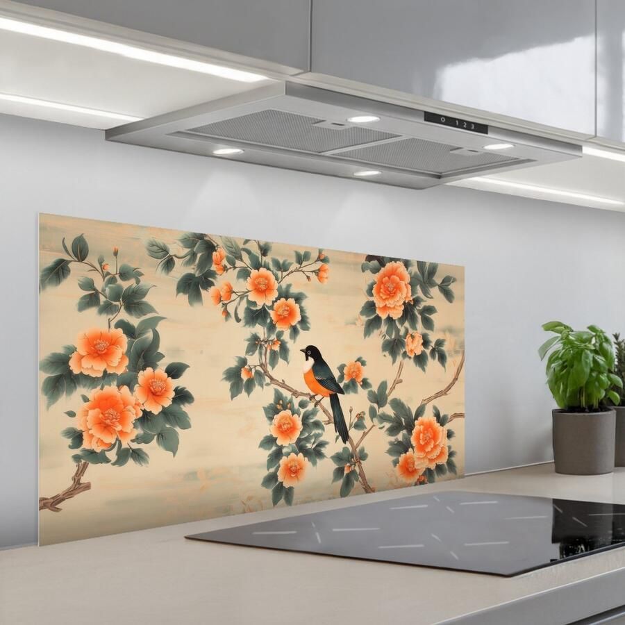 KitchenYeah Spatscherm 100x50 cm Zelfklevende achterwand Vogel Tak Bloemen Oranje Keuken muurbeschermer Spatwand fornuis