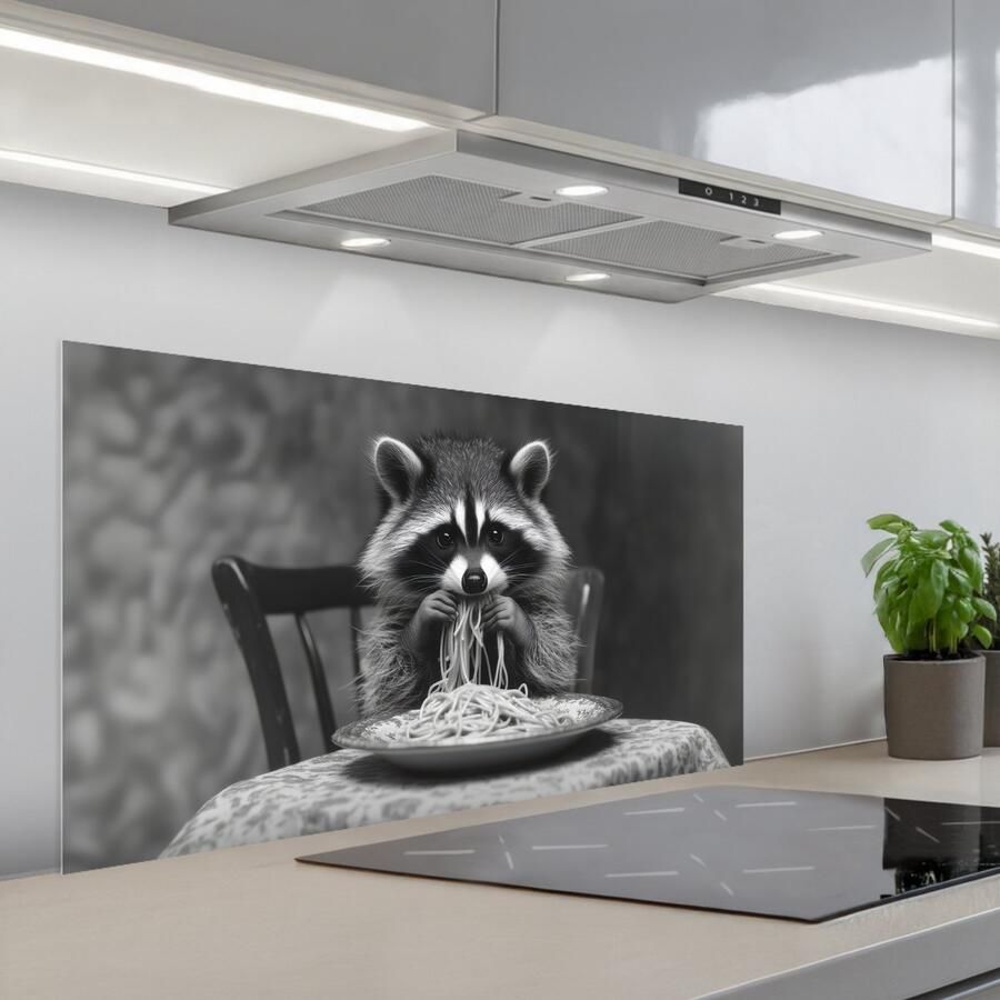 KitchenYeah Spatscherm 100x50 cm Zelfklevende achterwand Wasbeer Cute Pasta Tafelkleed Zwart Wit Keuken muurbeschermer Spatwand fornuis - Foto 1