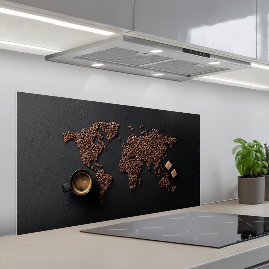 KitchenYeah Spatscherm 100x50 cm Zelfklevende achterwand Wereldkaart Espresso Zwart Keuken muurbeschermer Spatwand fornuis