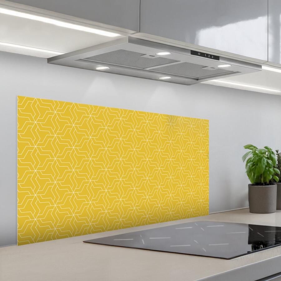 KitchenYeah Spatscherm 100x50 cm Zelfklevende achterwand Wit Geel Patroon Geometrisch Keuken muurbeschermer Spatwand fornuis
