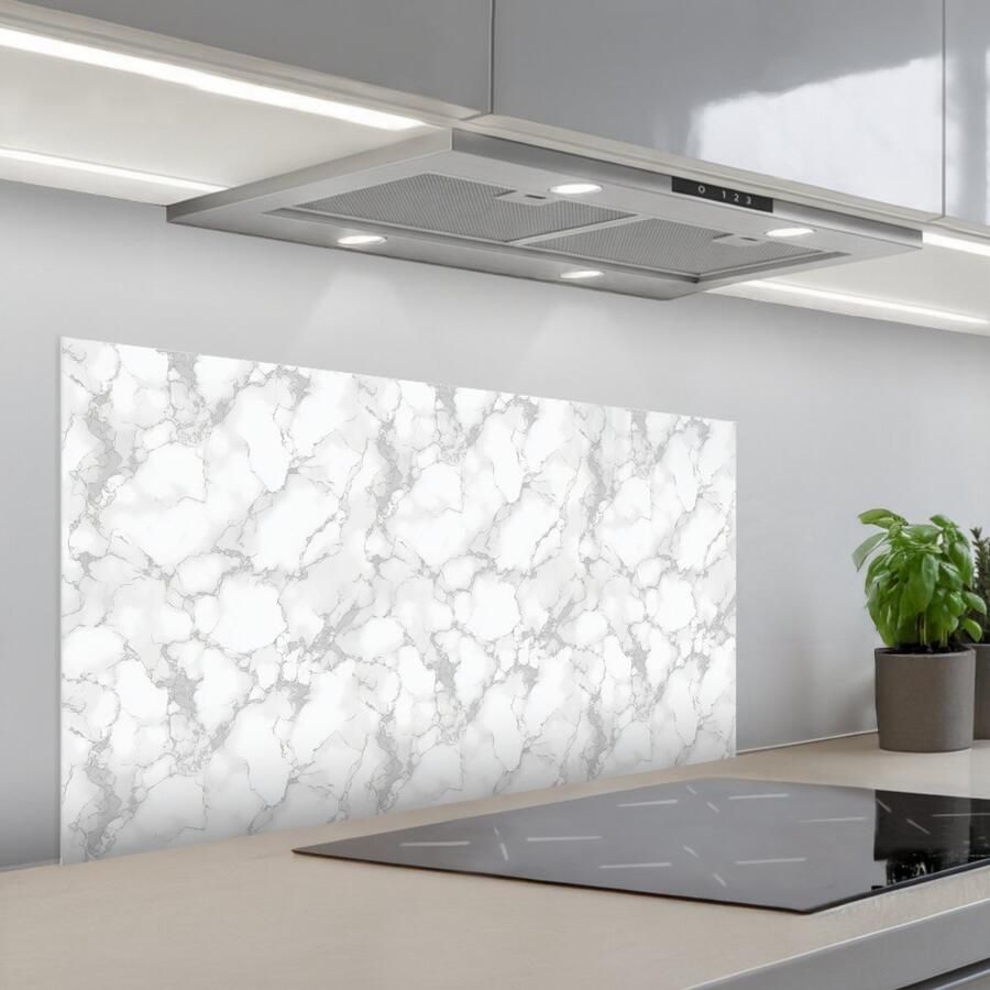 KitchenYeah Spatscherm 100x50 cm Zelfklevende achterwand Wit Marmer print Grijs Keuken muurbeschermer Spatwand fornuis
