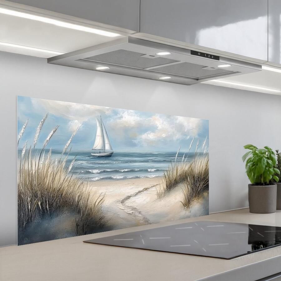 KitchenYeah Spatscherm 100x50 cm Zelfklevende achterwand Zee Zeilboot Strand Duinen Vintage Keuken muurbeschermer Spatwand fornuis