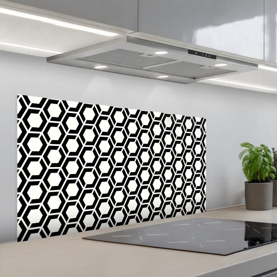 KitchenYeah Spatscherm 100x50 cm Zelfklevende achterwand Zwart Wit Geometrisch Patroon Keuken muurbeschermer Spatwand fornuis