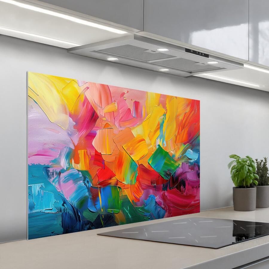 KitchenYeah Spatscherm 100x65 cm Zelfklevende achterwand Abstract Verflook Modern Kleurrijk Keuken muurbeschermer Spatwand fornuis
