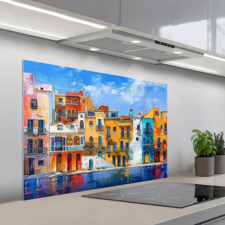 KitchenYeah Spatscherm 100x65 cm Zelfklevende achterwand Architectuur Kleurrijk Kunst Modern Keuken muurbeschermer Spatwand fornuis - Foto 1