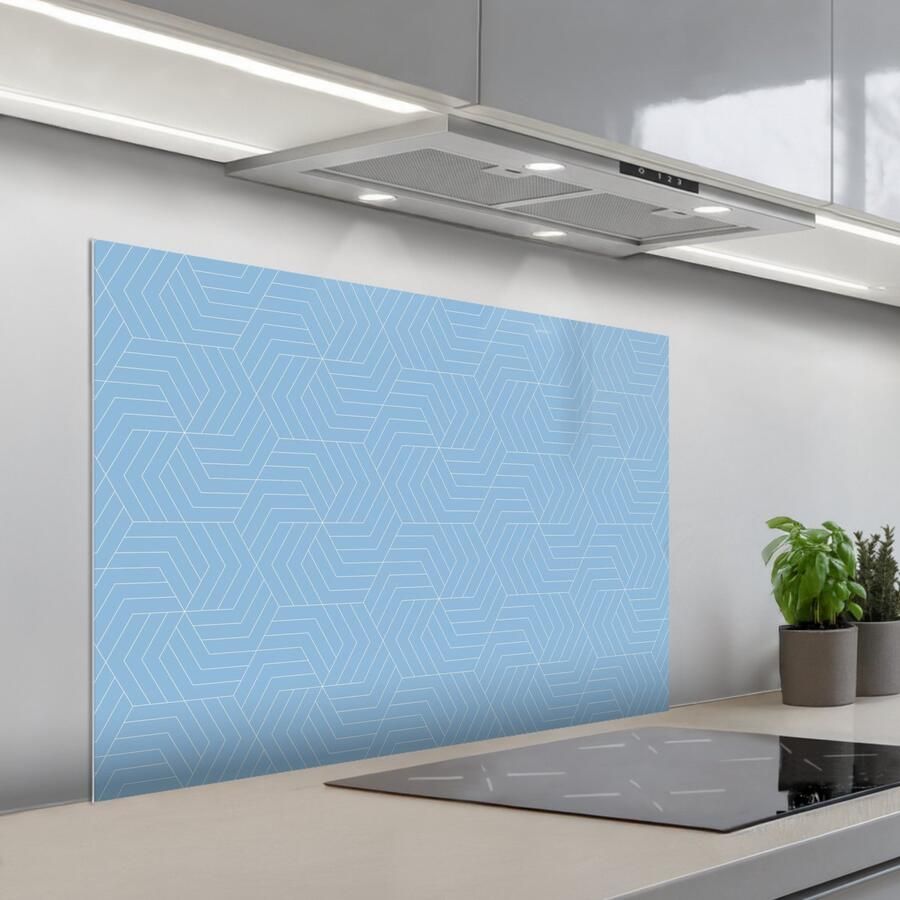 KitchenYeah Spatscherm 100x65 cm Zelfklevende achterwand Blauw Wit Lijnen Patroon Keuken muurbeschermer Spatwand fornuis