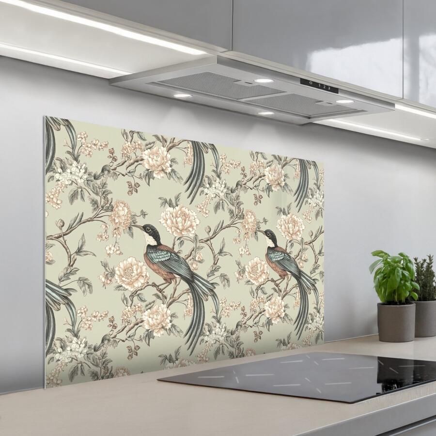 KitchenYeah Spatscherm 100x65 cm Zelfklevende achterwand Bloem Vogel Kleurrijk Keuken muurbeschermer Spatwand fornuis