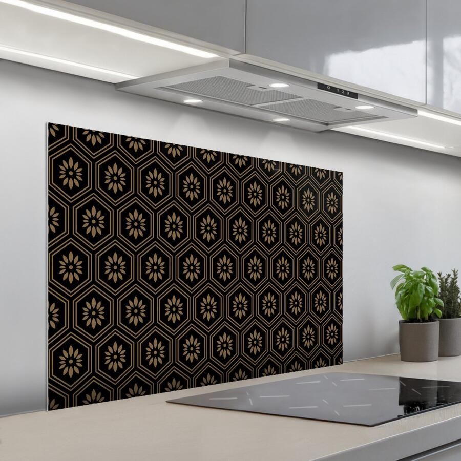 KitchenYeah Spatscherm 100x65 cm Zelfklevende achterwand Bloemen Goud Hexagon Keuken muurbeschermer Spatwand fornuis