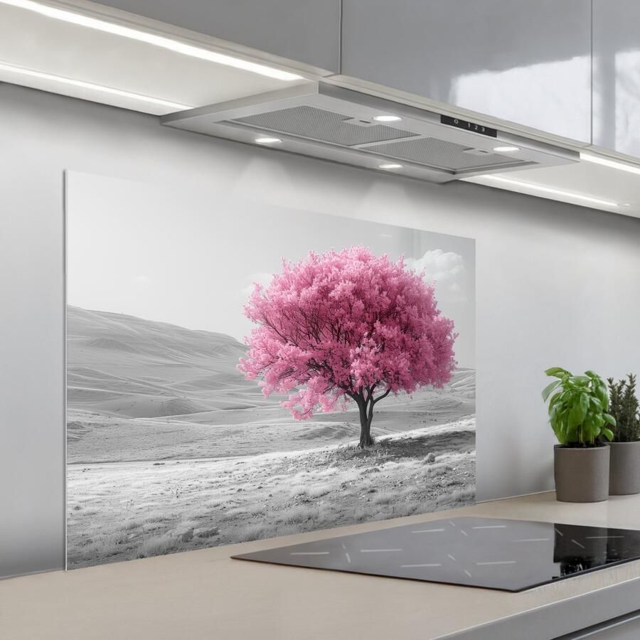 KitchenYeah Spatscherm 100x65 cm Zelfklevende achterwand Boom Natuur Roze Zwart wit Keuken muurbeschermer Spatwand fornuis