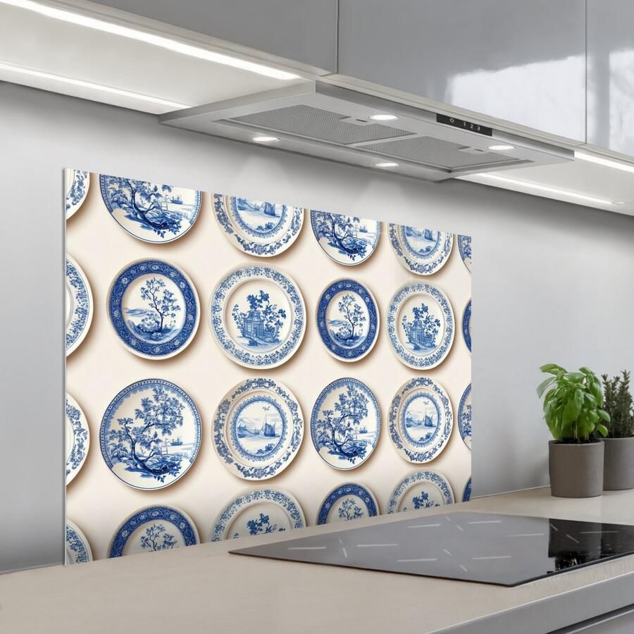 KitchenYeah Spatscherm 100x65 cm Zelfklevende achterwand Borden Bomen Planten Blauw Keuken muurbeschermer Spatwand fornuis