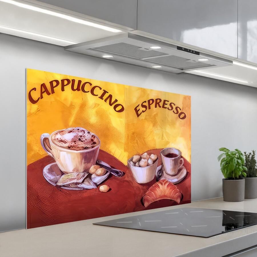 KitchenYeah Spatscherm 100x65 cm Zelfklevende achterwand Cappuccino Espresso Koffie Vintage Keuken muurbeschermer Spatwand fornuis