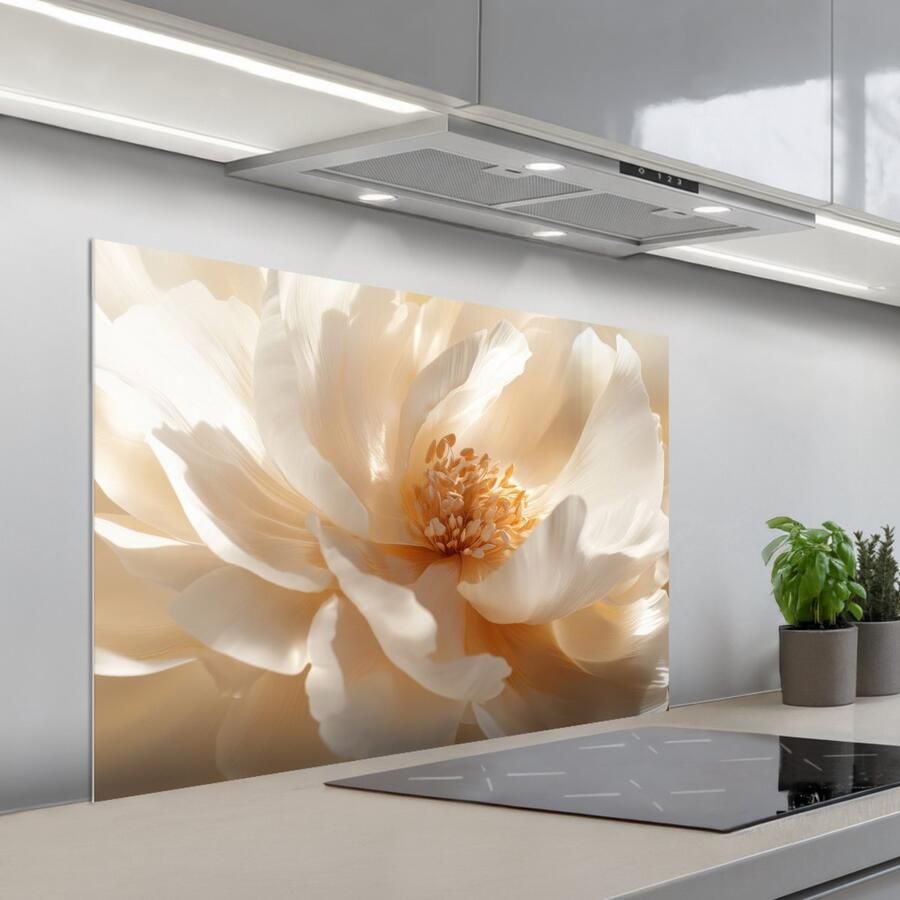 KitchenYeah Spatscherm 100x65 cm Zelfklevende achterwand Close up Pioenroos Wit Keuken muurbeschermer Spatwand fornuis