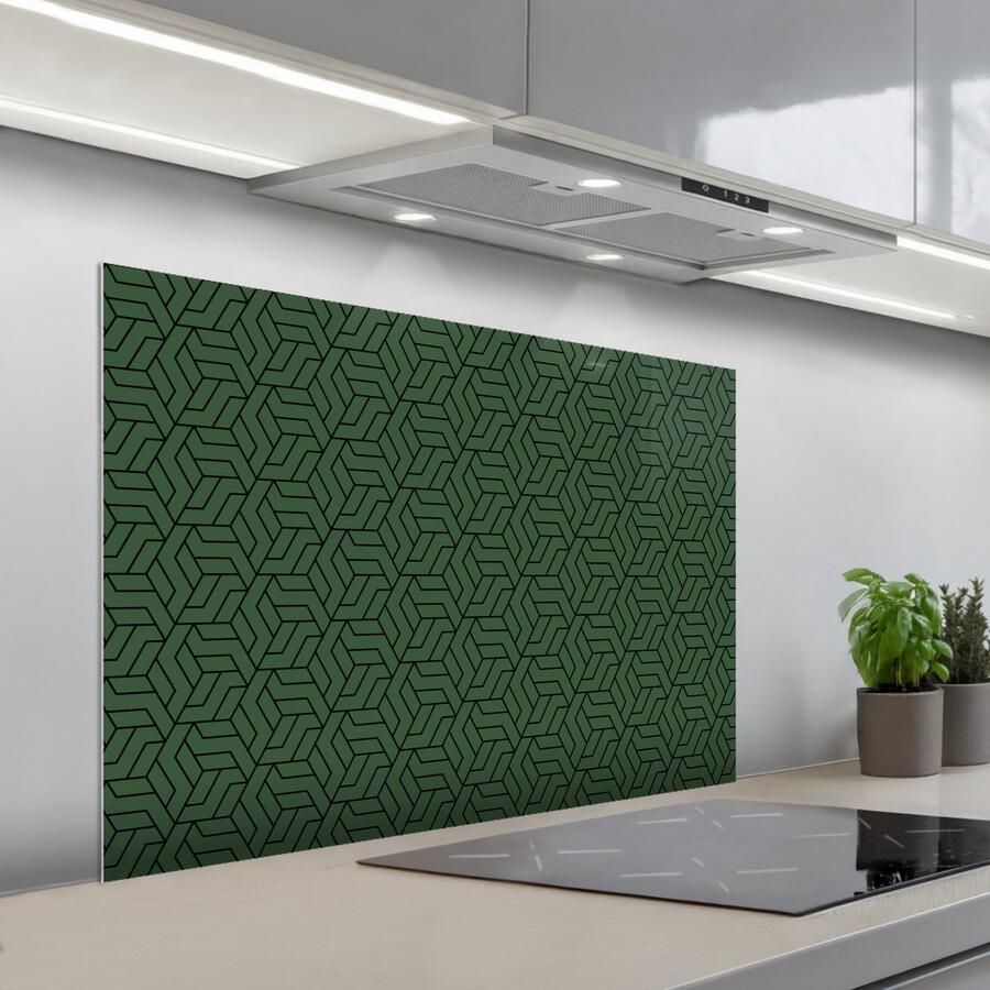 KitchenYeah Spatscherm 100x65 cm Zelfklevende achterwand Donkergroen Patroon Lijnen Zwart Keuken muurbeschermer Spatwand fornuis
