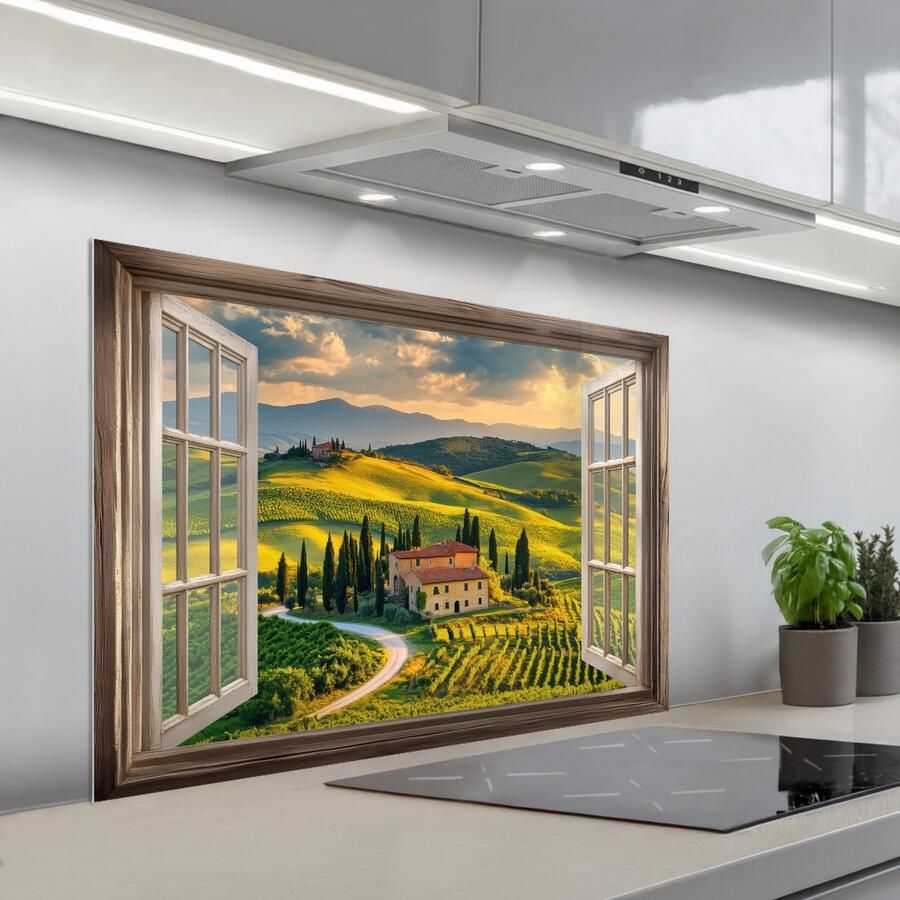 KitchenYeah Spatscherm 100x65 cm Zelfklevende achterwand Doorkijk Toscane Uitzicht Landschap Zomer Keuken muurbeschermer Spatwand fornuis