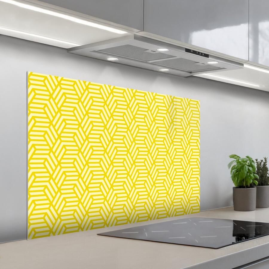 KitchenYeah Spatscherm 100x65 cm Zelfklevende achterwand Geel Patroon Geometrisch Keuken muurbeschermer Spatwand fornuis
