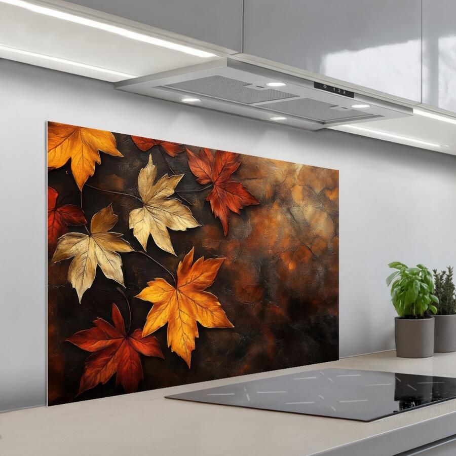 KitchenYeah Spatscherm 100x65 cm Zelfklevende achterwand Herfstbladeren Bruin Oranje bladeren Herfst rood Keuken muurbeschermer Spatwand fornuis