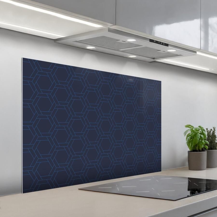 KitchenYeah Spatscherm 100x65 cm Zelfklevende achterwand Hexagon Patroon Blauw Keuken muurbeschermer Spatwand fornuis
