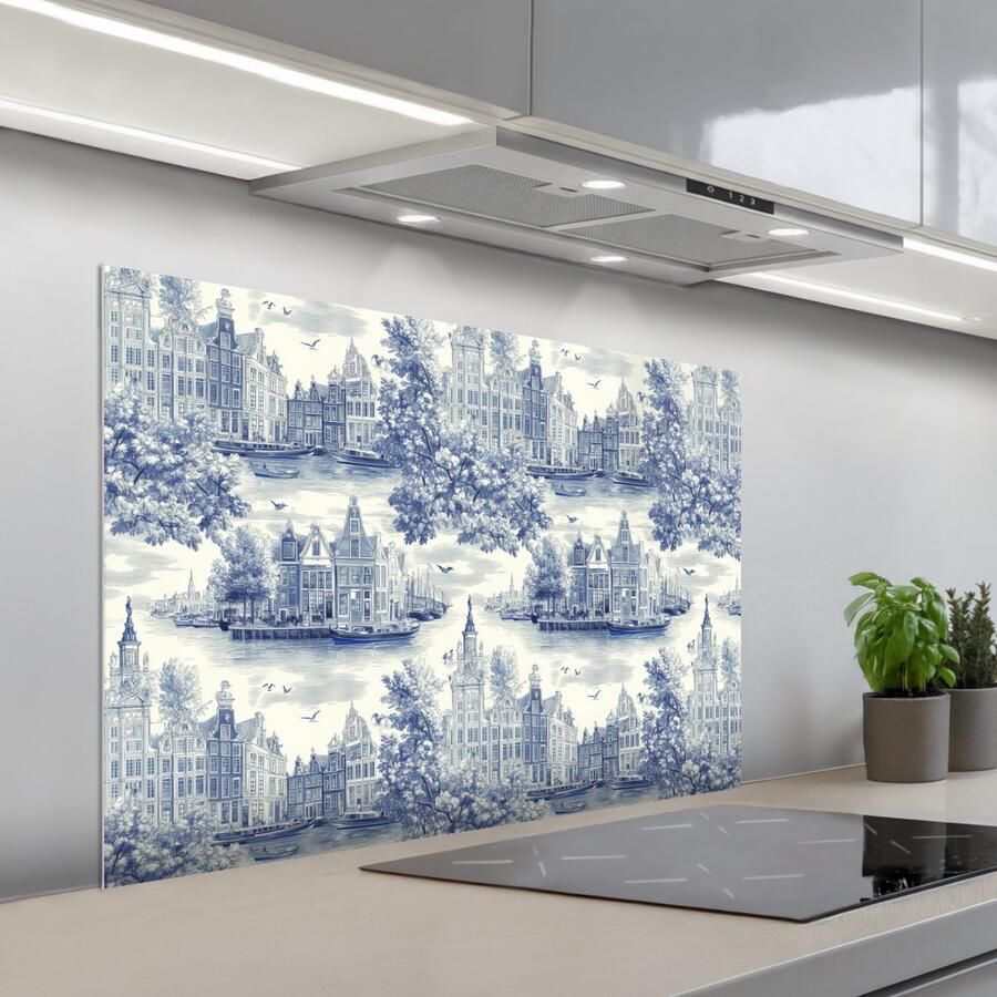 KitchenYeah Spatscherm 100x65 cm Zelfklevende achterwand Huizen Bomen Water Vogels Blauw Keuken muurbeschermer Spatwand fornuis
