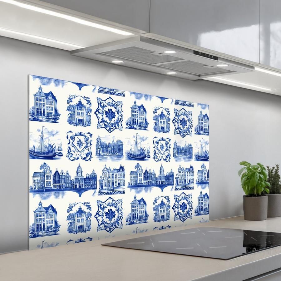 KitchenYeah Spatscherm 100x65 cm Zelfklevende achterwand Huizen Schepen Blauw Keuken muurbeschermer Spatwand fornuis