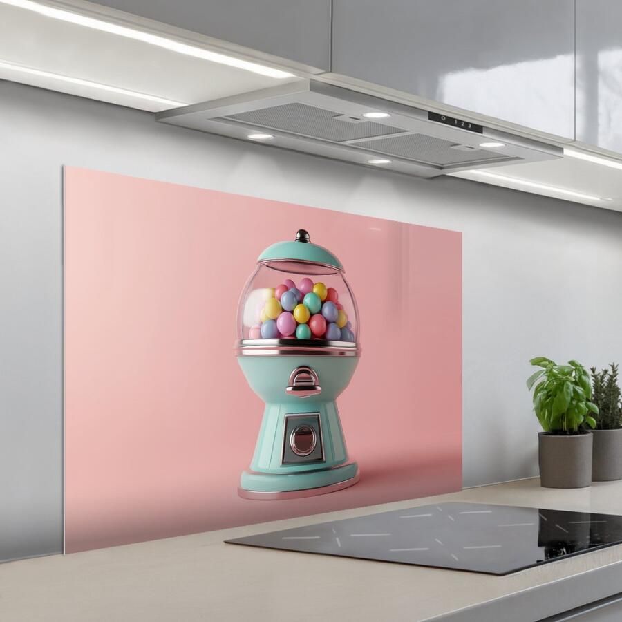 KitchenYeah Spatscherm 100x65 cm Zelfklevende achterwand Kauwgom Retro Snoep Roze Keuken muurbeschermer Spatwand fornuis