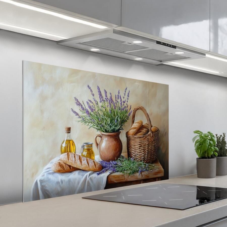 KitchenYeah Spatscherm 100x65 cm Zelfklevende achterwand Lavendel Brood Stilleven Keuken muurbeschermer Spatwand fornuis - Foto 1