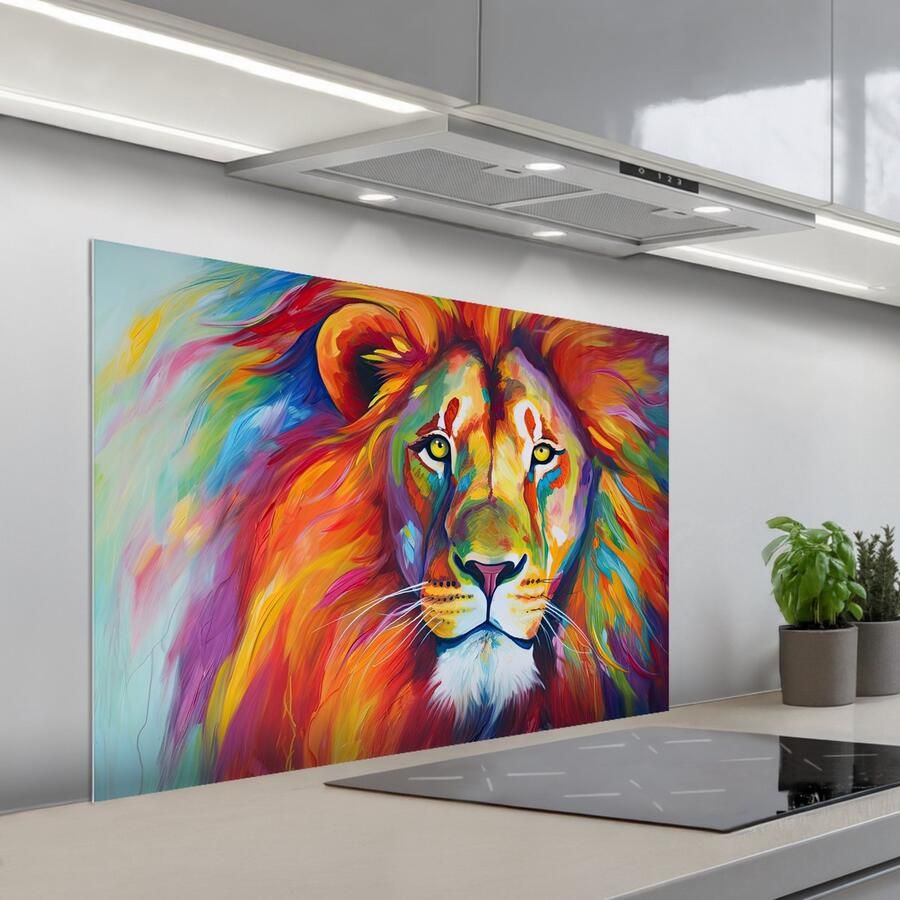 KitchenYeah Spatscherm 100x65 cm Zelfklevende achterwand Leeuw Dieren Olieverf Regenboog Keuken muurbeschermer Spatwand fornuis - Foto 1