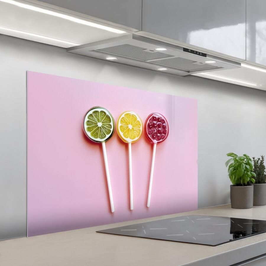 KitchenYeah Spatscherm 100x65 cm Zelfklevende achterwand Lolly Snoep Citrus Keuken muurbeschermer Spatwand fornuis
