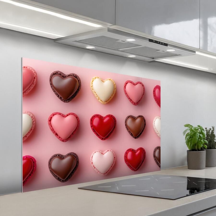 KitchenYeah Spatscherm 100x65 cm Zelfklevende achterwand Macarons Hartjes Kleurrijk Roze Keuken muurbeschermer Spatwand fornuis - Foto 1