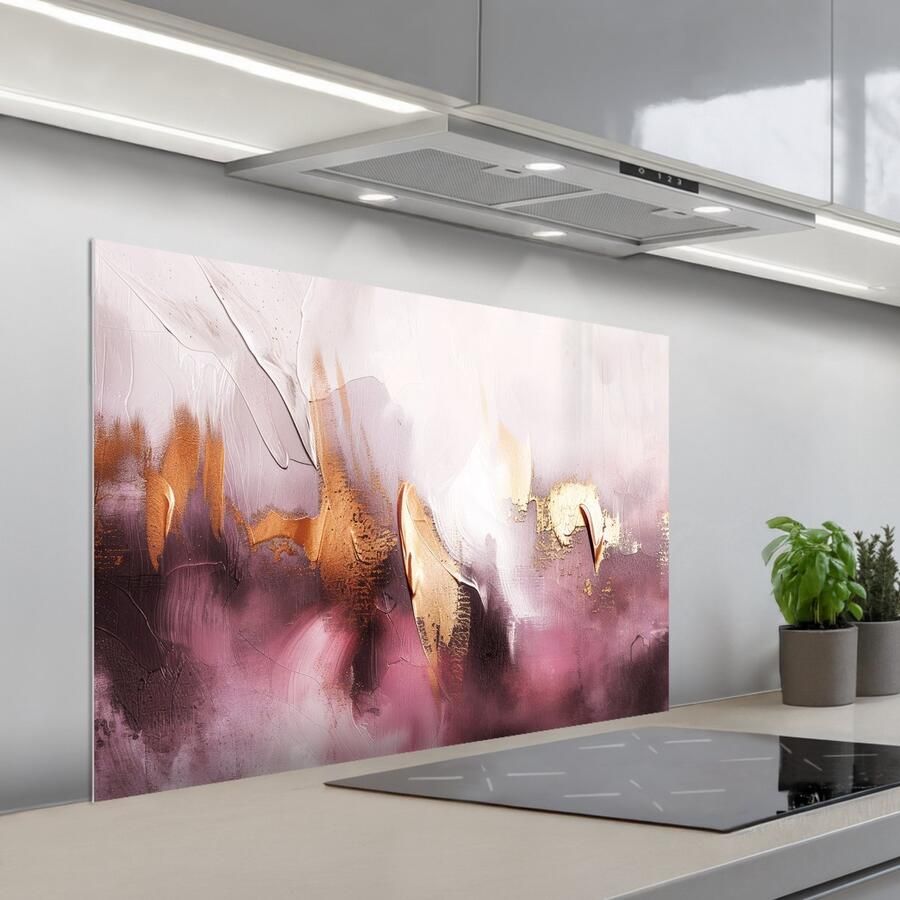 KitchenYeah Spatscherm 100x65 cm Zelfklevende achterwand Paars Abstract Verf Goud Keuken muurbeschermer Spatwand fornuis