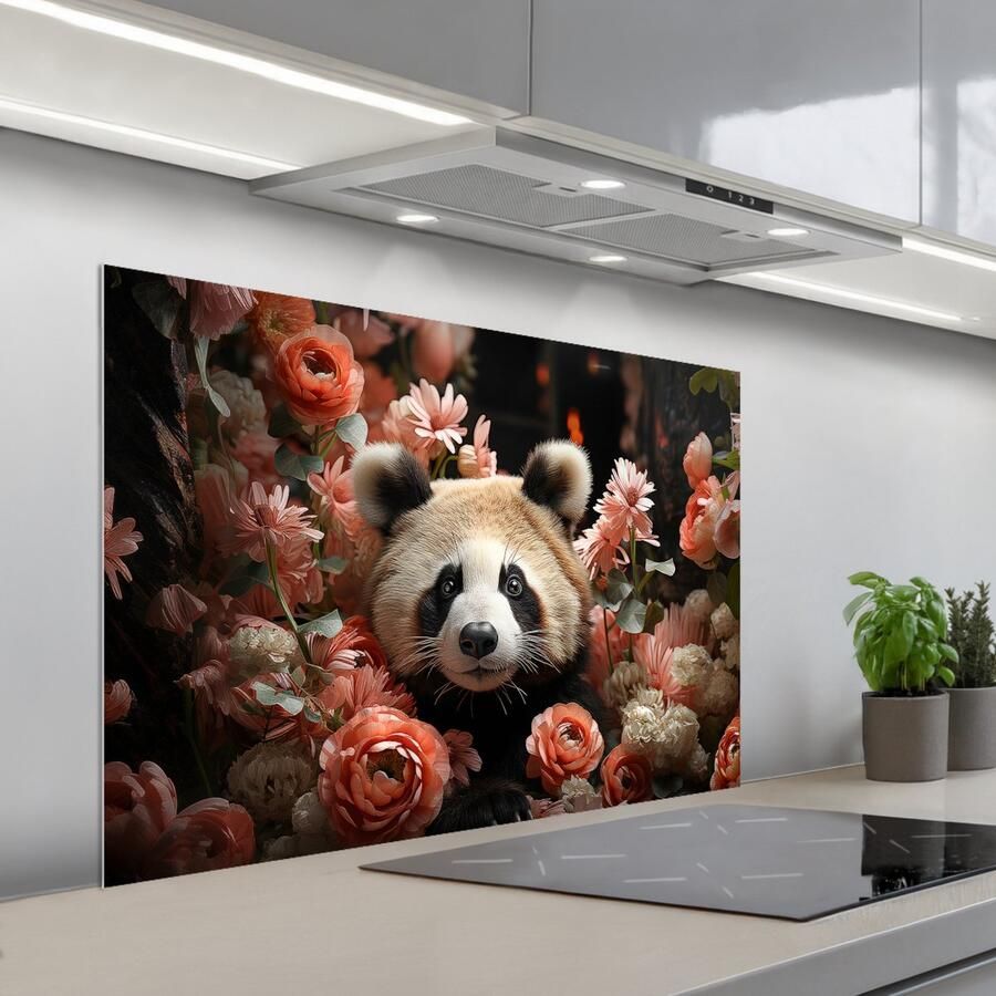 KitchenYeah Spatscherm 100x65 cm Zelfklevende achterwand Panda Dier Bloemen Natuur Botanisch Keuken muurbeschermer Spatwand fornuis