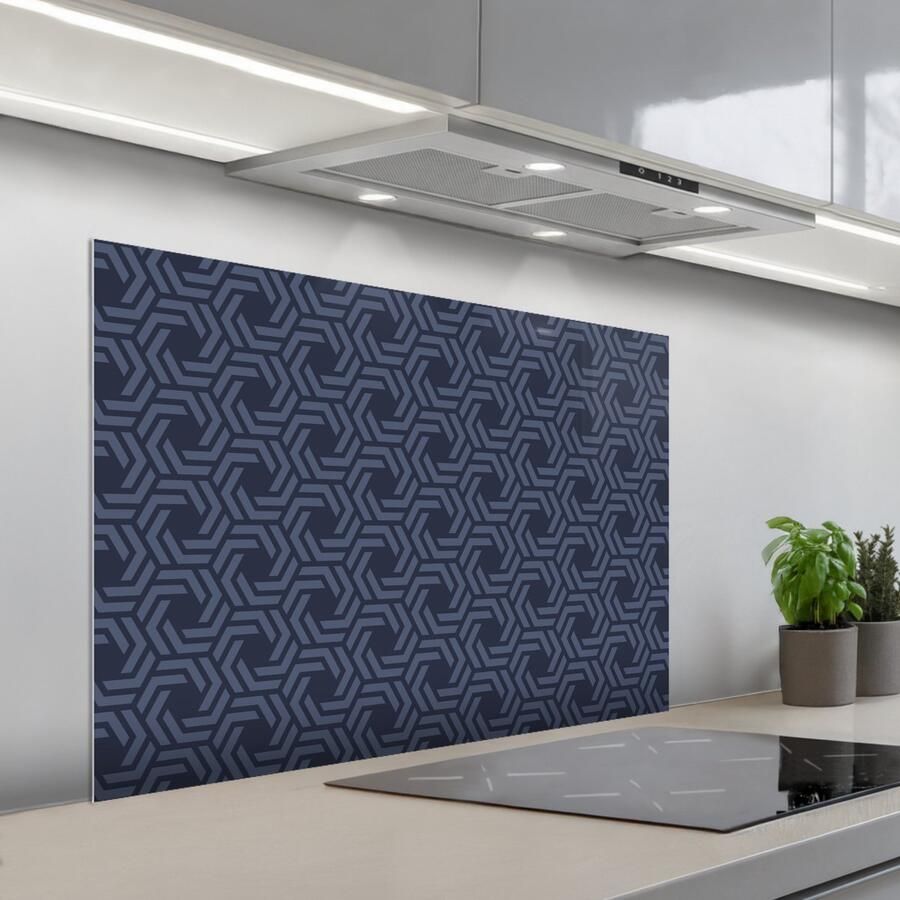 KitchenYeah Spatscherm 100x65 cm Zelfklevende achterwand Patroon Blauw Geometrisch Keuken muurbeschermer Spatwand fornuis