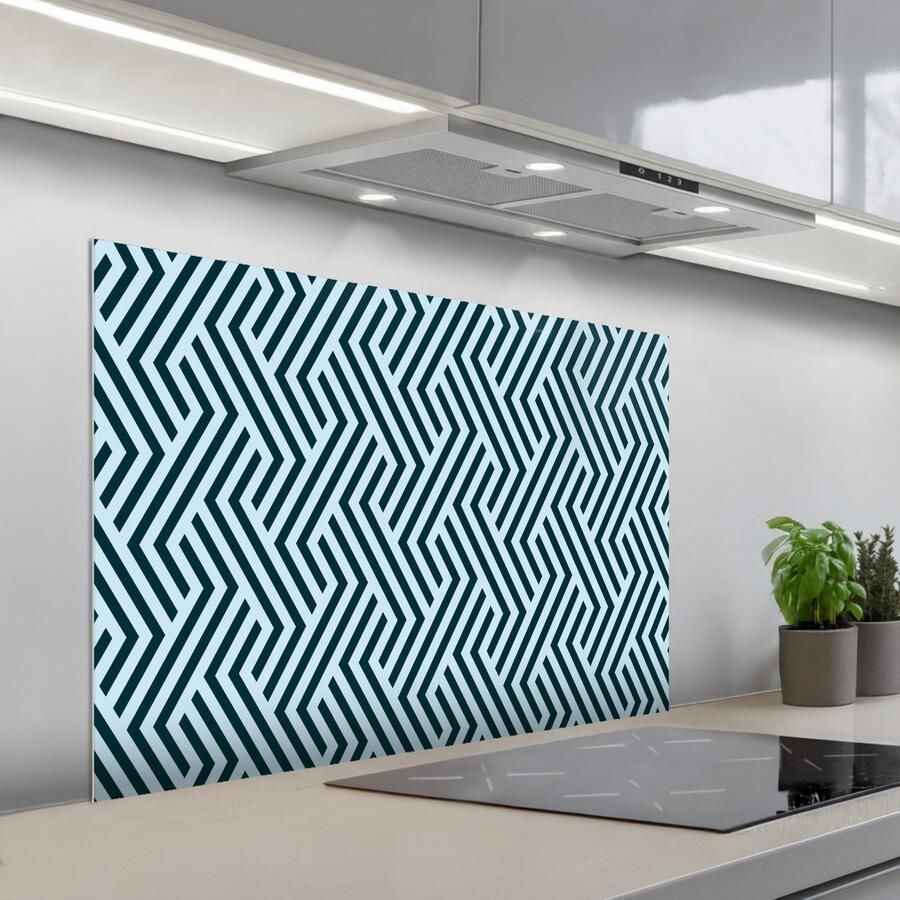 KitchenYeah Spatscherm 100x65 cm Zelfklevende achterwand Patroon Blauw Lijnen Zigzag Keuken muurbeschermer Spatwand fornuis